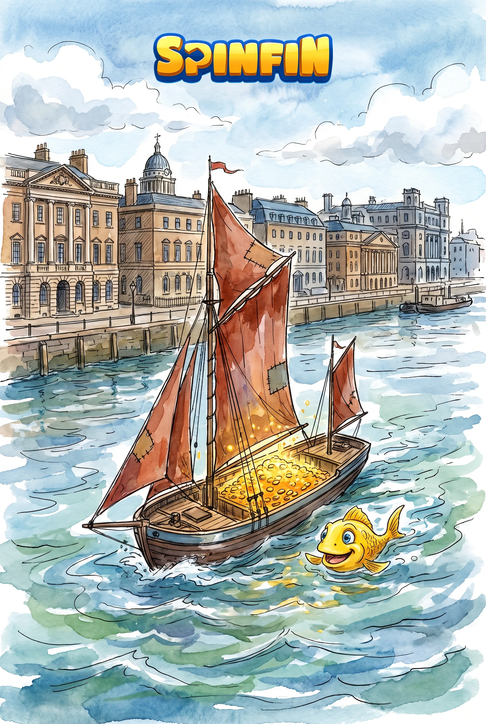 SpinFin fish beside a sailing boat carrying gold coins on the Thames