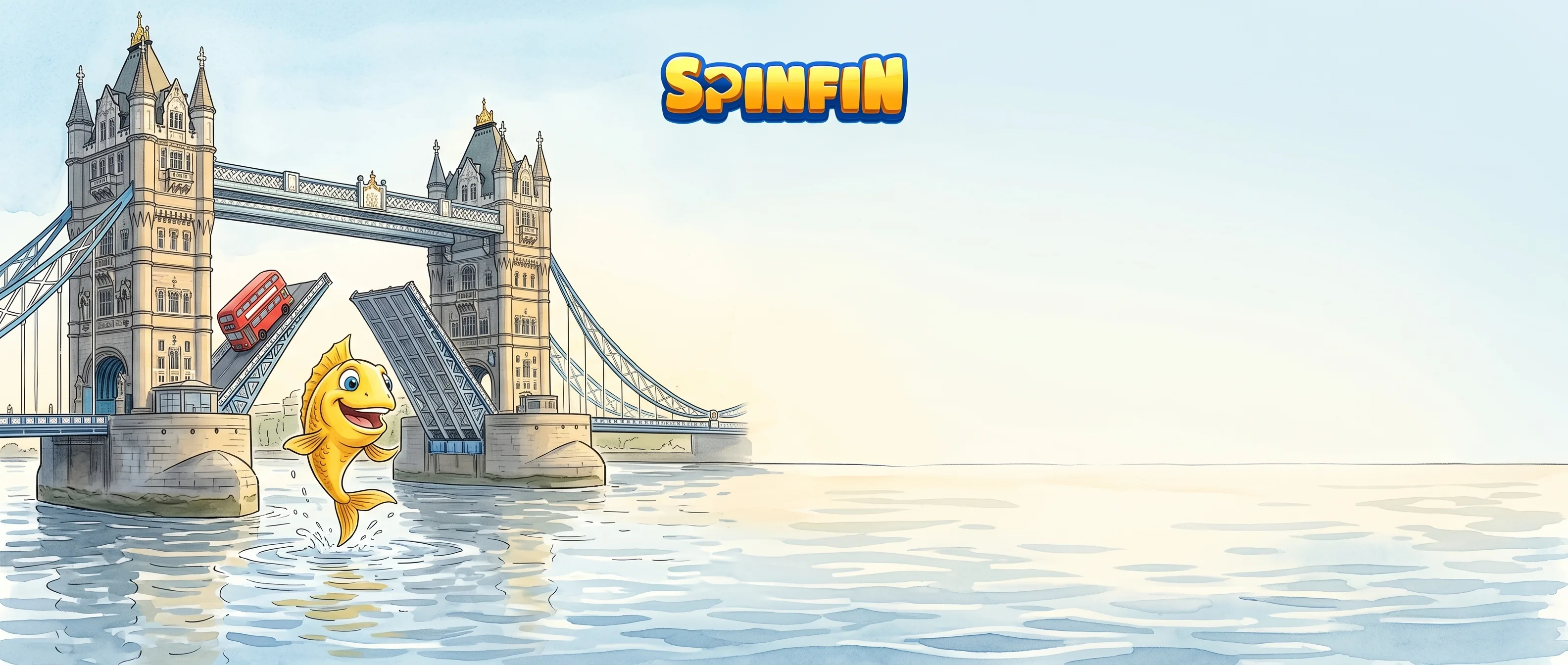 Tower Bridge above the Thames with the golden SpinFin fish