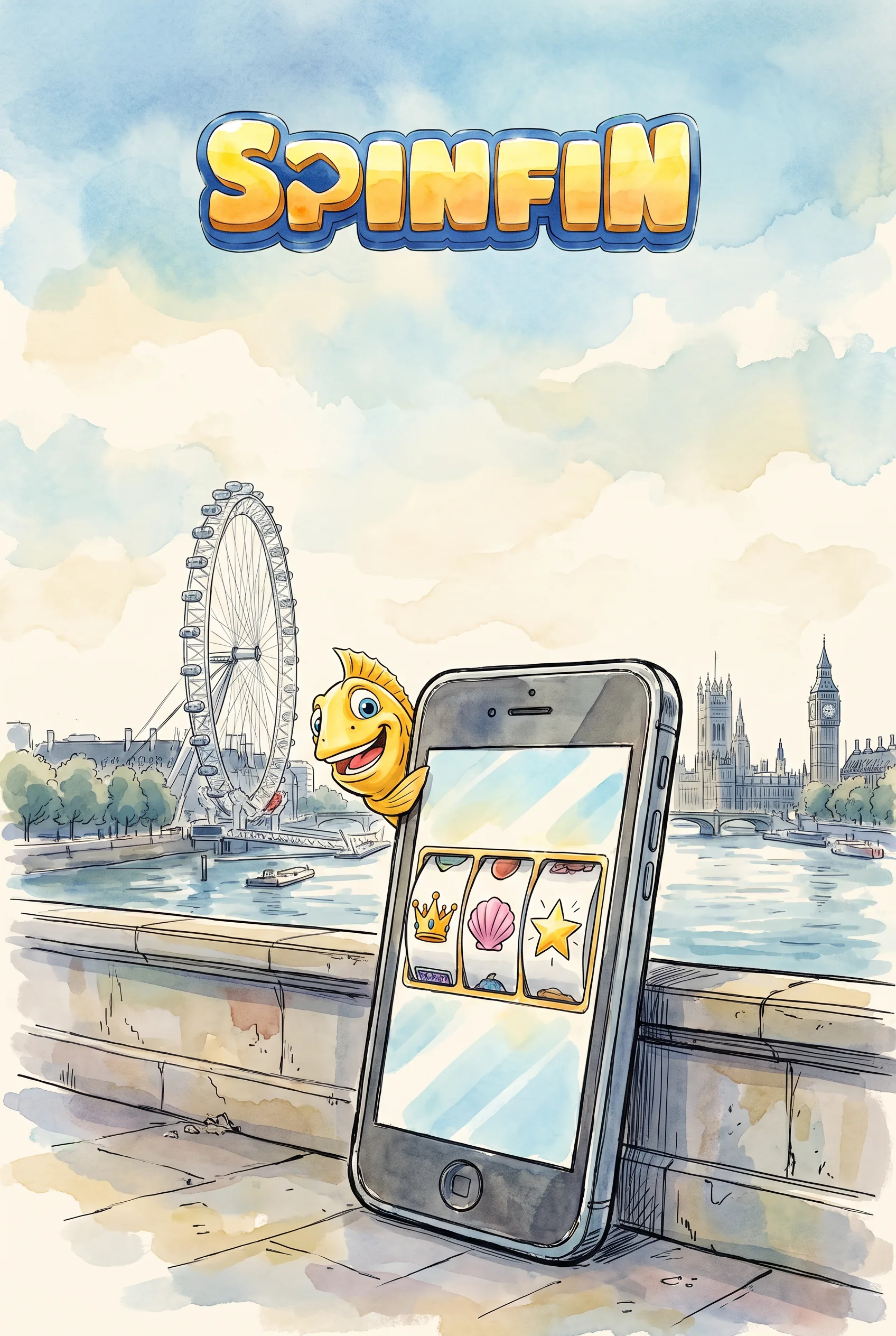 SpinFin mobile casino illustration beside the London Eye and the Thames