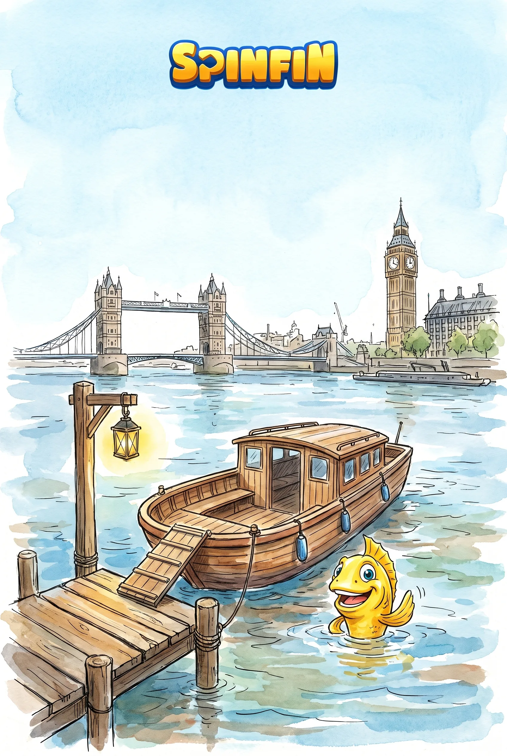 SpinFin fish beside the boarding steps of a Thames riverboat