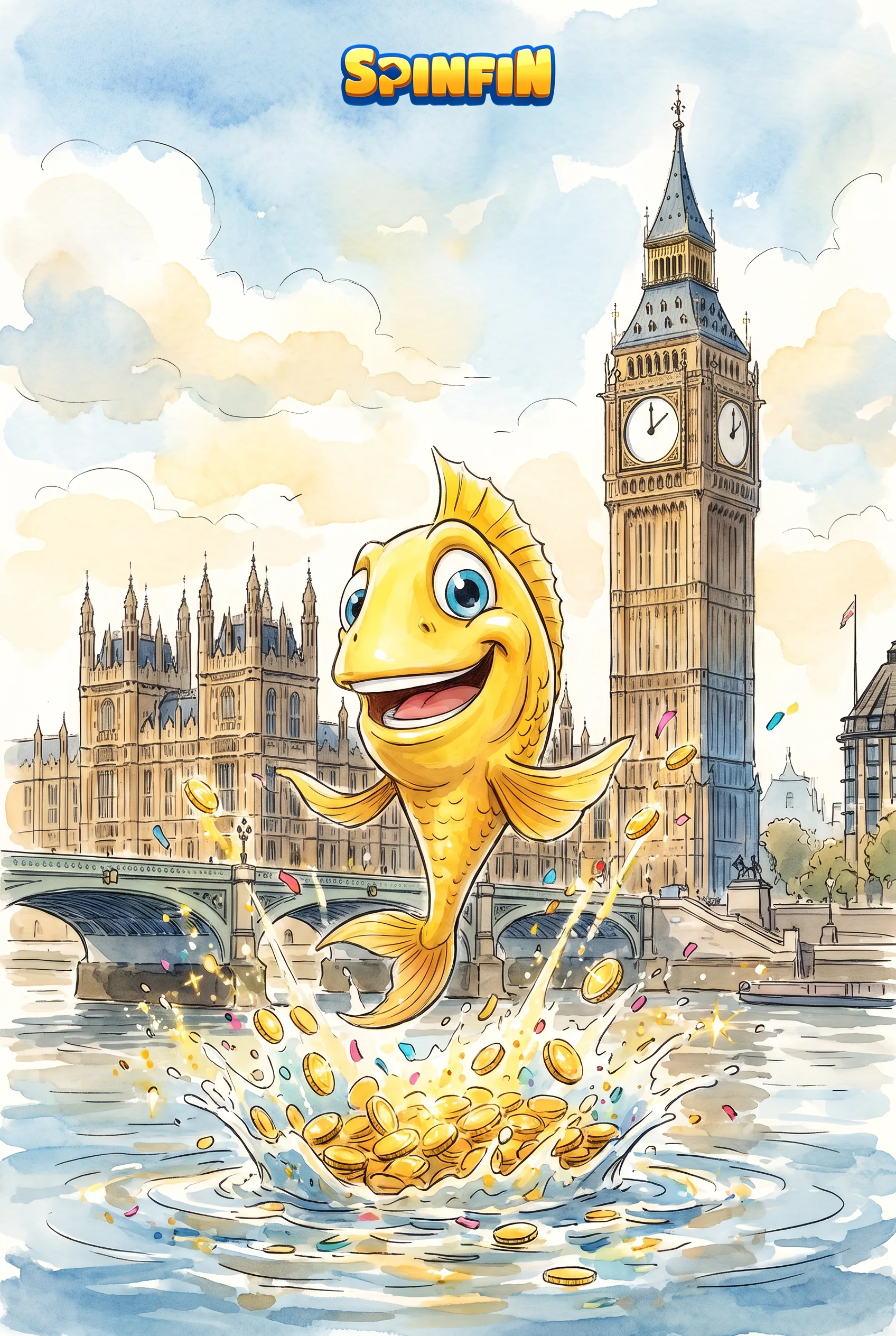 Golden SpinFin fish and bonus coins beside Big Ben